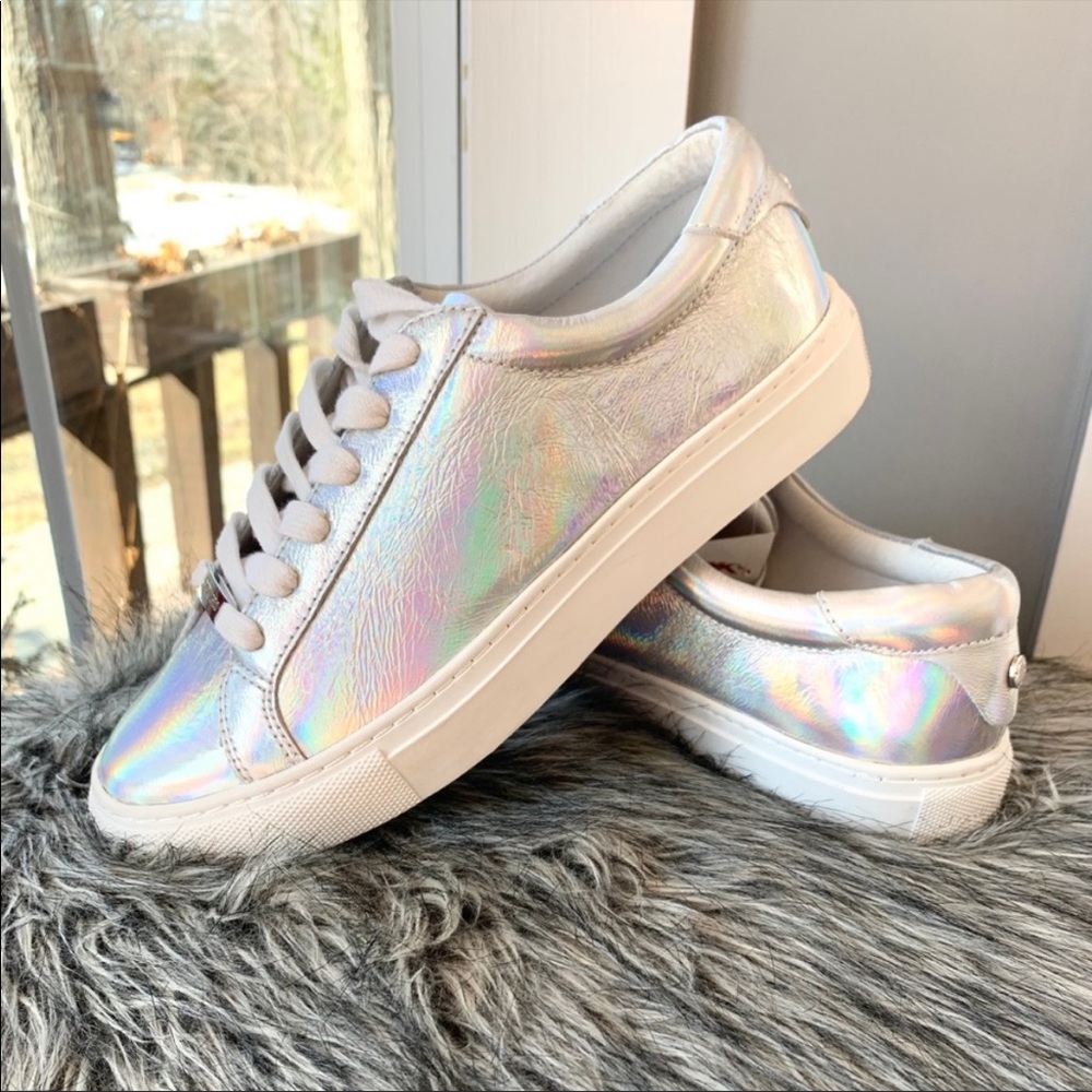 J Slides metallic leather sneakers display pair